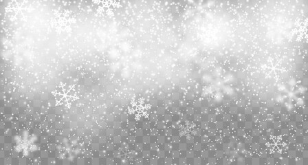 Realistic fall of snow flakes, Christmas winter snowflakes overlay background. Vector xmas or New Year layout template with delicate wintertime crystalline ice formations descending from the sky