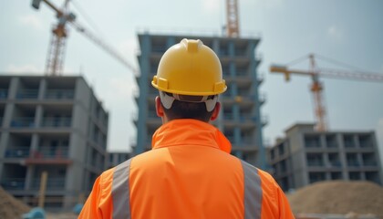 Construction worker in a reflective jacket and hard hat observes a building site with cranes.