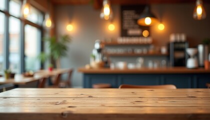 Cozy caf� interior with wooden tables, warm lighting, and a modern counter setup.