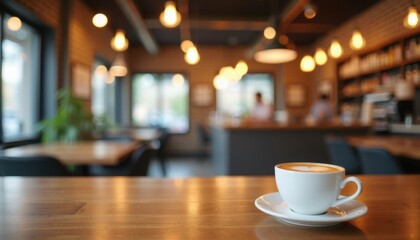 A steaming cup of coffee on a wooden table in a cozy, warmly lit caf�.