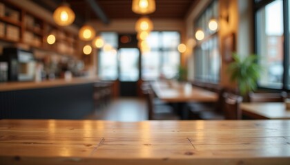 Fototapeta premium Empty modern caf� with wooden tables, warm lighting, and inviting atmosphere.