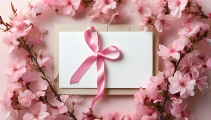 Pink cherry blossoms surround an envelope with a pink ribbon and a light pink background.