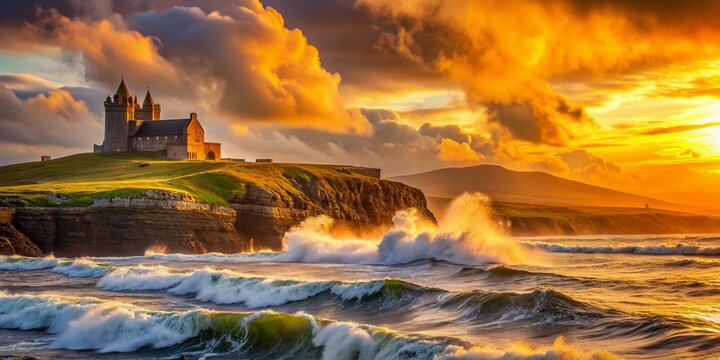 Majestic Classiebawn Castle stands proud amidst a breathtaking Mullaghmore Head landscape, as a fiery sunset casts a golden glow on colossal waves crashing ashore in Co. Sligo, Ireland.