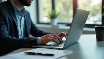 Businessman working on a laptop in a modern office with documents and a coffee cup nearby.