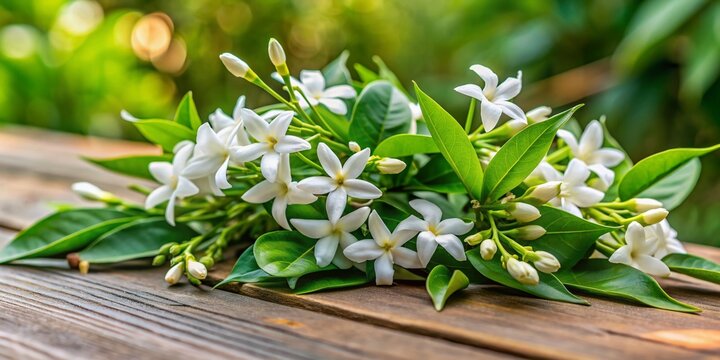 Medicinal herb Rhinacanthus nasutus, snake jasmine, traditional remedy for snake bites, displayed on a wooden table with green leaves and white flowers in soft focus.