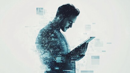 A focused blockchain developer analyzing data on a tablet, surrounded by futuristic digital elements, against a light solid color backdrop
