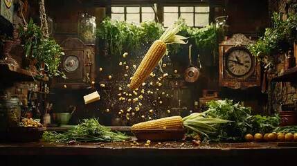  A cob of corn drizzled with seasoning amidst various vegetables