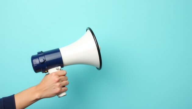 Person holding a blue and white megaphone against a solid light blue background.