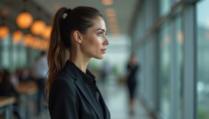 Fototapeta premium Young woman in a business suit stands by a window in a modern office setting, deep in thought.