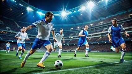 Naklejka premium Professional soccer players in action on the field at a nighttime league match in Madrid, Spain, wearing blue and white jerseys with intense focus.