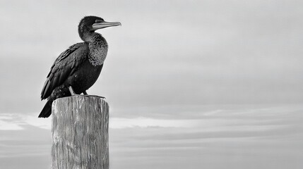 Black-and-white photo of a bird perched on a wooden post against a cloudy sky background