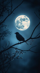 Silhouette of raven perched on branch with full moon backdrop in a night sky.
