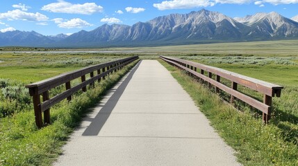 Fototapeta premium A narrow path guides visitors toward the parking area of Yellowstone National Park, featuring a wooden bridge and vibrant grass beside a small stream