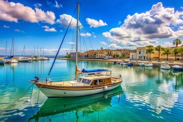 Obraz premium Sailboat docks in picturesque Mediterranean Sea port of Marina di Ragusa, Sicily, Italy, on a sunny June day, showcasing tranquil marine lifestyle.