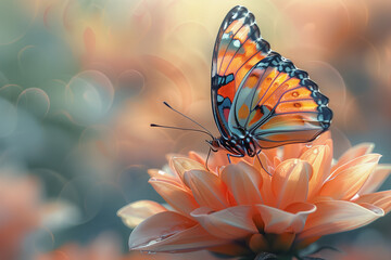 Vibrant monarch butterfly perched on orange flower with soft bokeh background.
