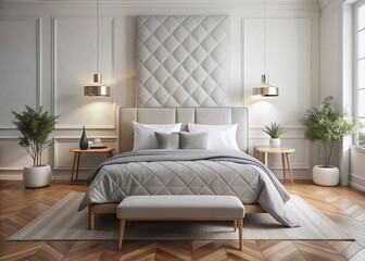 Fototapeta premium Serene bedroom ambiance showcased through a pristine white bed with geometric quilting, soft gray upholstery, and a warm wooden floor, set against a calming white background.