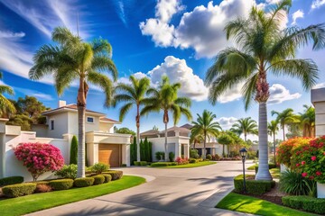 Fototapeta premium Serenene gated community with modern white homes, lush landscaped gardens, and swaying palm trees, set against a brilliant blue sky with a few wispy clouds.