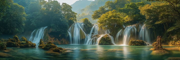 Cascading waterfall flowing over rocky ledge in a dense forest, early morning light.
