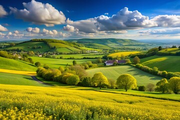 Fototapeta premium Serene rural landscape of Avon Valley on Wiltshire Somerset border, England, featuring lush green fields dotted with bright yellow buttercup flowers beneath a vibrant blue sky.
