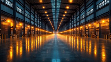 Industrial Warehouse Interior with Light Reflections