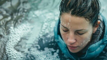 A woman stands waistdeep in a pool of icy water her eyes closed in meditation as she works to release tension and negative energy from her body.