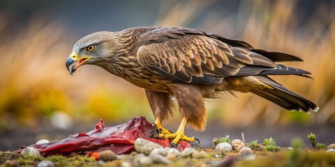 Obraz premium Sharp talons and hooked beak of a black kite rummage through scattered bones and rotting flesh, scavenging for scraps in a post-feast landscape.