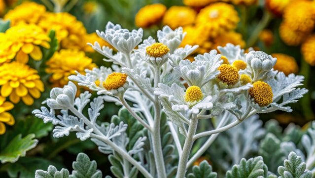 Silvery-white cilia adorn dusty miller's leaves and stems, shimmering brightly amidst delicate yellow blooms that flourish from May to July in this Asteraceae perennial.