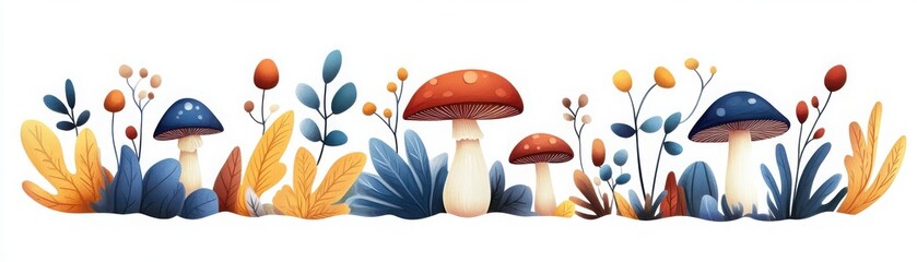 A whimsical illustration of colorful mushrooms surrounded by organic foliage, ideal for nature-themed designs and backgrounds.
