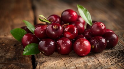 Fresh and natural grumichama fruits with a deep red color and glossy texture are artfully arranged on a rustic wooden surface, complemented by green leaves for a vibrant food presentation