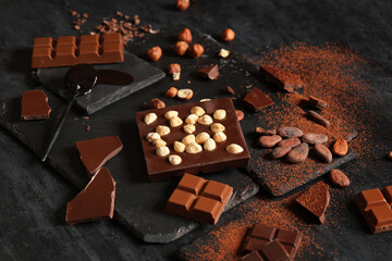 Sweet chocolate with hazelnuts, cocoa beans and powder on dark background