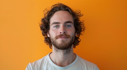Obraz premium Young Caucasian man with curly hair and beard smiling against an orange background.