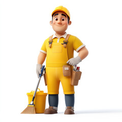 3D cartoon, a male cleaning service uniform profession. on a solid white background