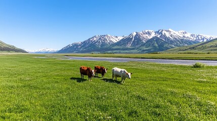 The sun rises over Grand Teton National Park, illuminating the river flowing through vibrant green fields and the majestic mountain range in the background