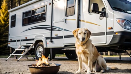 dog at campground with rv truck and campfire