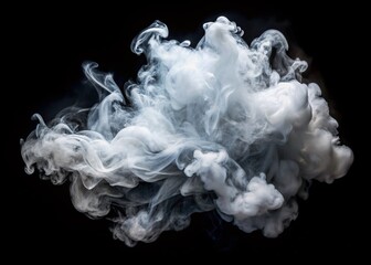 isolated white clouds of vapor smoke explode, swirl, and dance on a black background, creating a mesmerizing magic fog dust texture effect.
