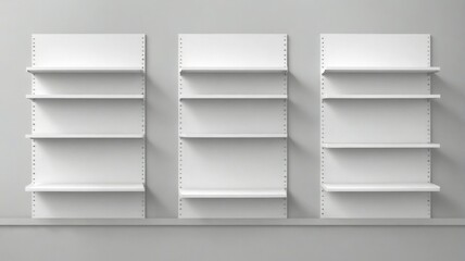Three white shelves gray wall are arranged row Mockup of white e