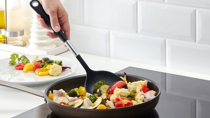 Closeup of a person steering veggeis in a frying pan. © Carterson