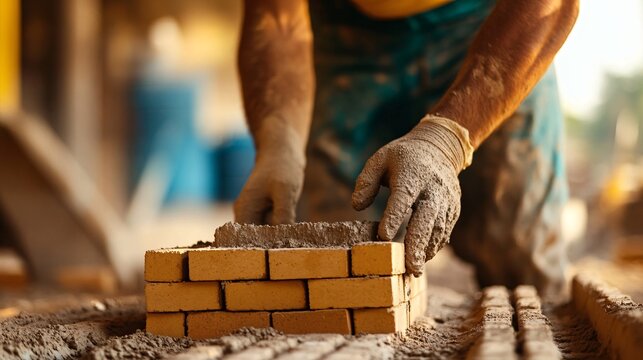 A skilled brickmason expertly laying bricks in a construction site, showcasing precision and craftsmanship