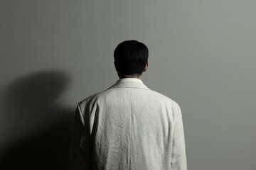 Obraz premium Back view of a man in a white shirt standing against a gray background symbolizing simplicity modern fashion and corporate style ideal for fashion business and lifestyle themes