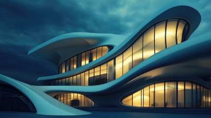 Abstract architectural form with flowing lines and organic shapes illuminated at night