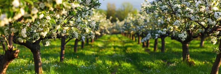 Blossoming apple trees in a perspective view at an orchard, with youthful fruit trees arranged in rows and featuring white blooms.