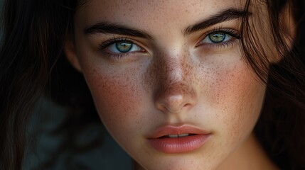 Fototapeta premium Close-up of a young woman’s face with striking green eyes, freckles, and natural makeup, set against a soft, blurred background
