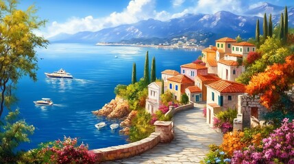 Oil painting of a classic town on Mediterranean Sea, nice summer weather,