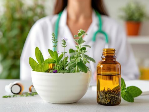 A holistic doctor balancing traditional and modern medicine