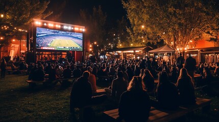 At night, a lively fan zone glows with giant screens as crowds cheer for the thrilling game.