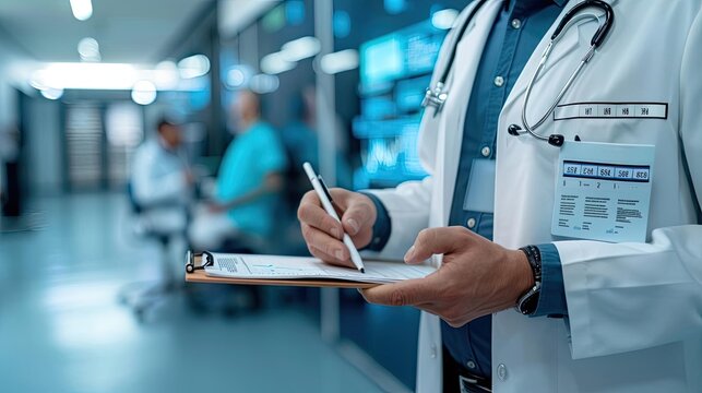 A doctor with a clipboard in a technologically advanced clinic