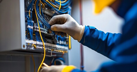 A photograph of an electrician's hands working on an electrical panel