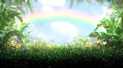 Obraz premium Picture of a Rainbow in Sky Over Grass Field with Wildflowers