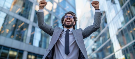 Happy young architect s contentment evident as he achieves a major milestone in his career banner