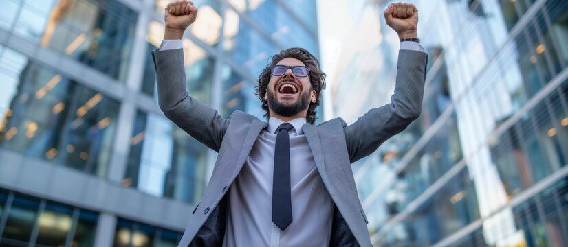 Happy young architect s contentment evident as he achieves a major milestone in his career banner